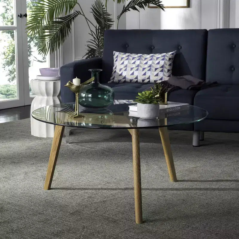 Marjoram Round Glass Coffee Table - Clear/Oak - Safavieh