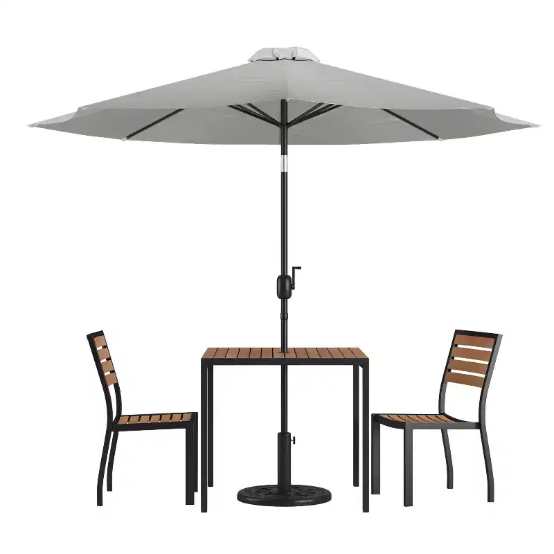 Merrick Lane Five Piece Faux Teak Patio Dining Set - Table, Two Armless Stacking Club Chairs, 9' Gray Umbrella and Base