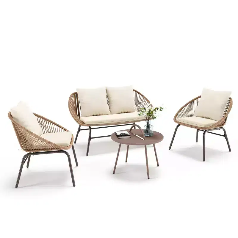 LAUSAINT HOME 4-Piece Patio Furniture Set, Breathable Bohemian Outdoor Rope Woven Furniture Set with Loveseat and Portable Coffee Table