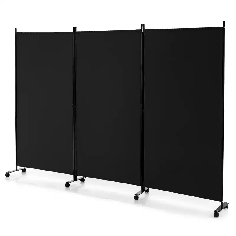 3-Panel Folding Room Divider 6Ft Rolling Privacy Screen with Lockable Wheels, Black/Brown/Grey/White