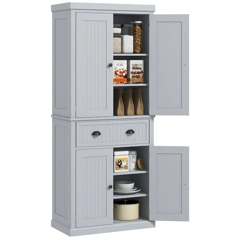 72 Kitchen Pantry Storage Cabinet, Traditional Freestanding Cabinet with 4 Doors and 3 Adjustable Shelves, Large Central Drawer