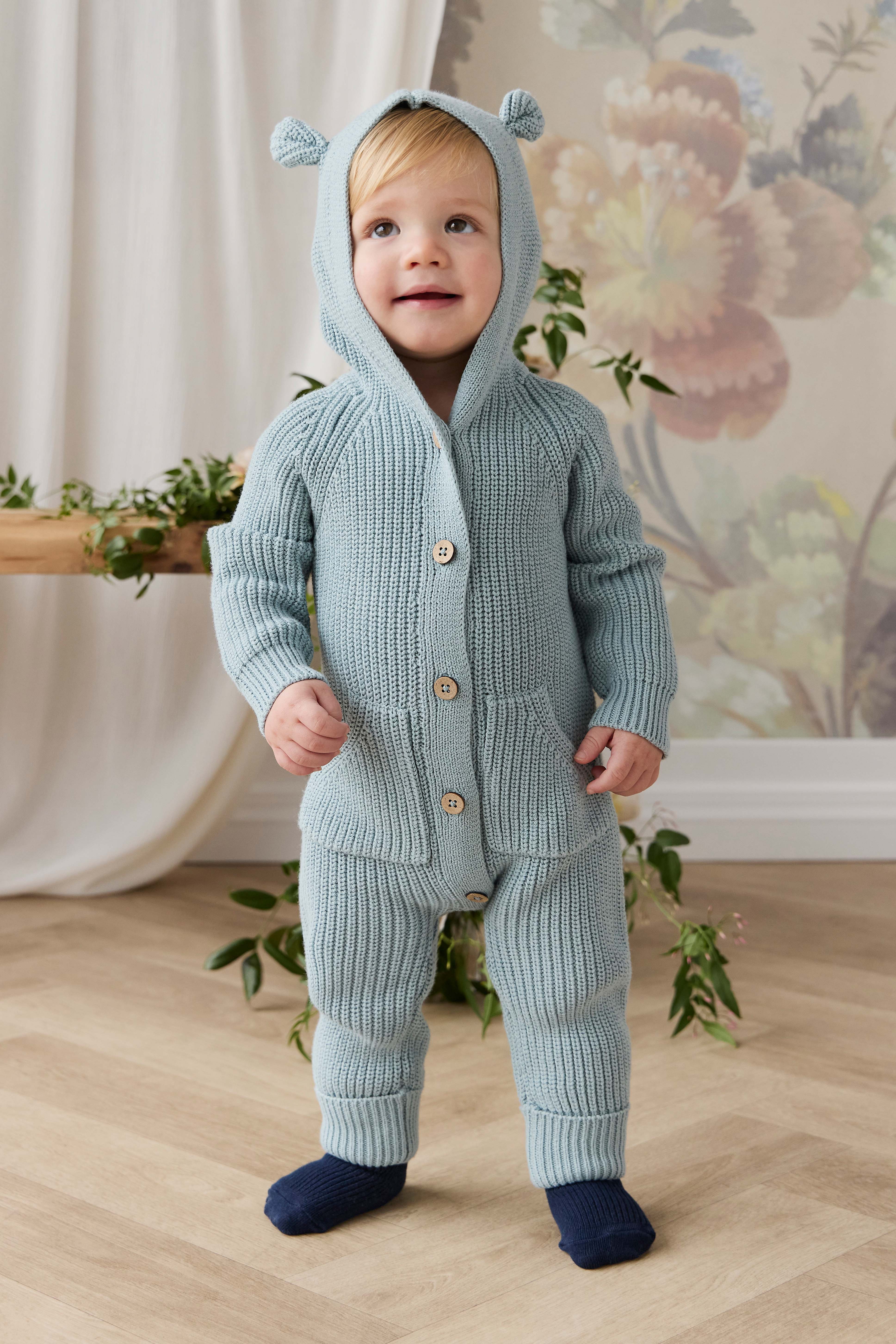 Playful Dusty Blue Bear Ear Hooded Cotton Knit Onepiece with Button-Down Front & Front Pockets for Baby Autumn-Winter (0�C3Y)