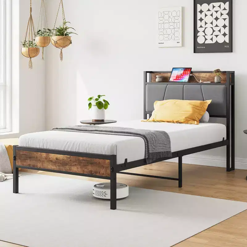 Heavy Duty Metal Upholstered Platform Bed Frame, Storage Headboard with Charging Station