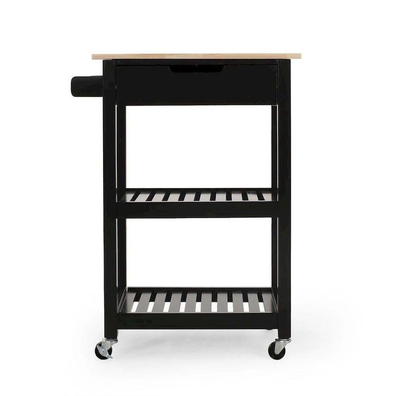Compact Rolling Kitchen Cart with Rubberwood Top Drawer 2 Slatted Shelves and Towel Rack