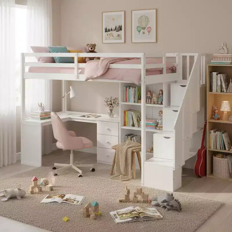 Twin Size Loft Bed with L-Shaped Desk, 3 Drawers, Cabinet, Staircase Storage, Solid Pine/MDF Build