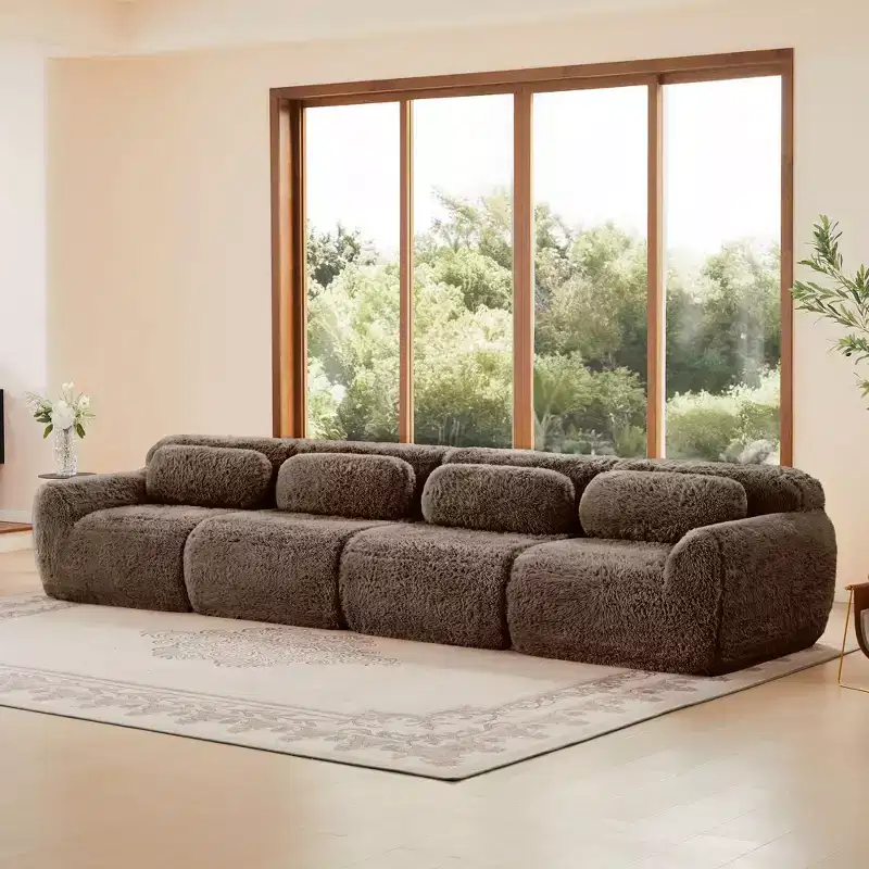 149 inch Brown Plush Fabric Boneless Sectional Sofa with Throw Pillows for Living Rooms ( Buckle Connection)