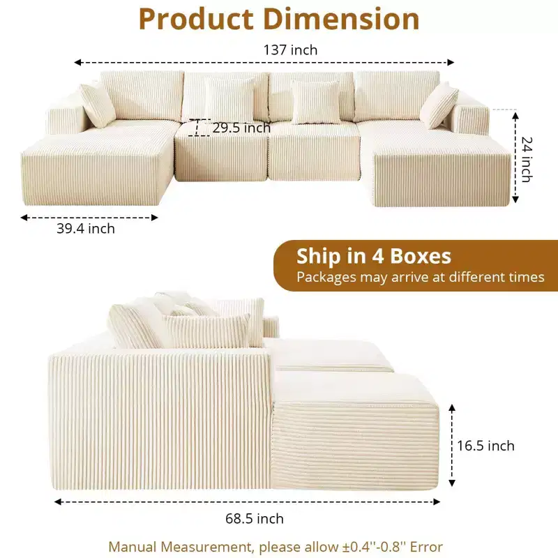 Acekool Oversized U Shaped Cloud Sectional Sofa with Double Chaise, Deep Seat Modular Upholstered Couch, Corduroy Style, No Assembly for Living Room