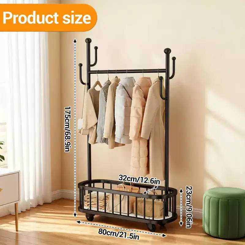Rolling Clothing Rack with Wheels and Basket Storage, Metal Moveable Large Coat Rack Decorative Clothing Racks for Hanging Clothes