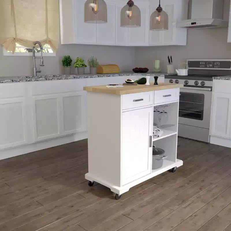 Warkin Rolling Kitchen Island with Storage - White - SEI
