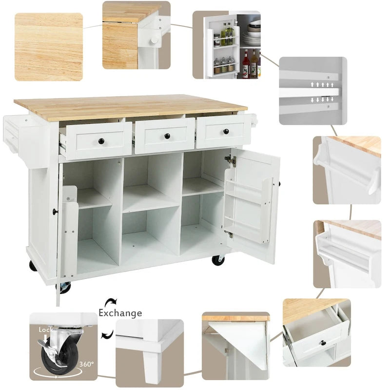 White Rolling Kitchen Island Cart with 5 Wheels Drop Leaf Rubberwood Top 3 Drawers and Spice Rack