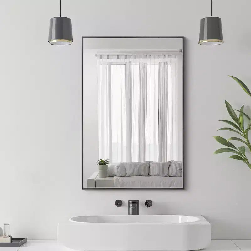 MAYEERTY 35.83x24.02x0.59in Aluminum Thin Edge Right Angle Rectangle Black Hanging Mirror