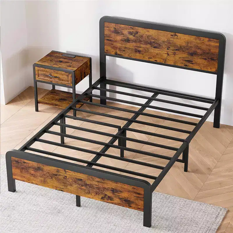 Rustic Platform Bed Frame for Approx. 152 × 203 cm Mattress with Wooden Headboard and Footboard