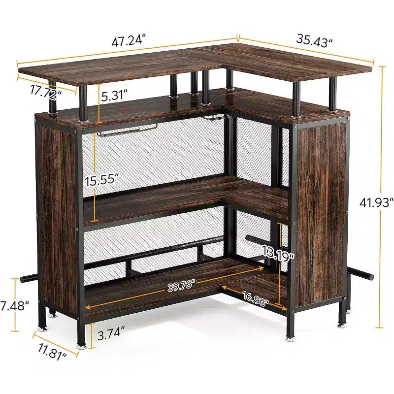 Lantine Home Bar Unit: L-shaped with stemware racks, 2-tier shelves, corner mini cabinet, footrest, rustic brown, suitable for home/kitchen/pub.