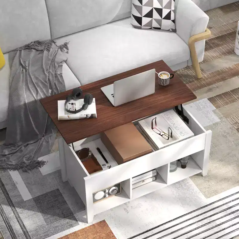 Lift Top Coffee Table with Hidden Compartment and Storage Shelves, Modern Furniture, White