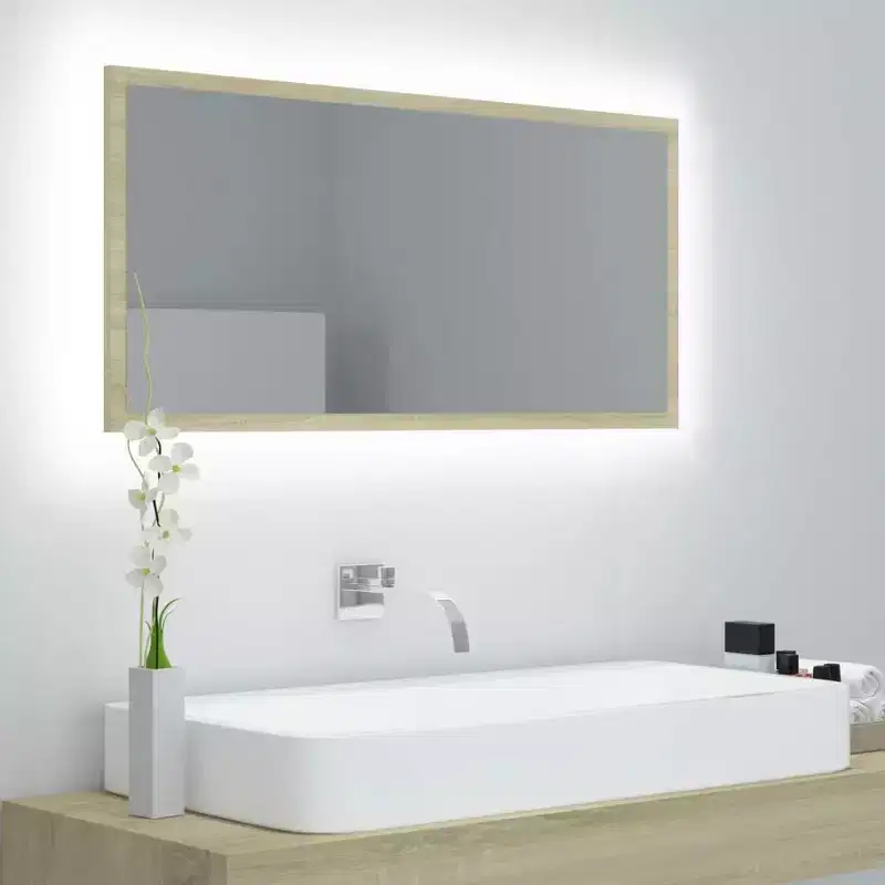 vidaXL LED Bathroom Mirror - Sonoma Oak with RGB Light, Acrylic, Easily Cleaned, Versatile Hanging Options, Engineered Wood Body