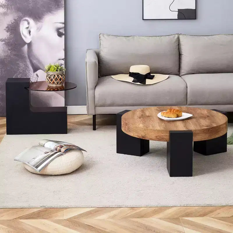 Round Nesting Coffee Table Cocktail Table Center Table End Table Side Table with Transparent Glass Top and L-Shaped Legs, White/Brown+Black