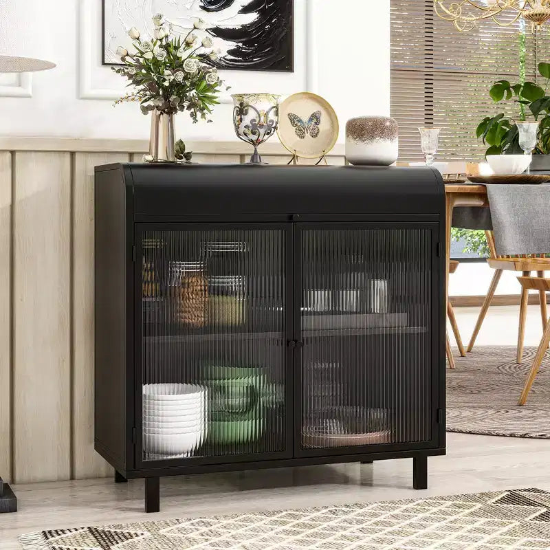 Modern Sideboard Buffet Cabinet with Tempered Glass Doors & Flip Top