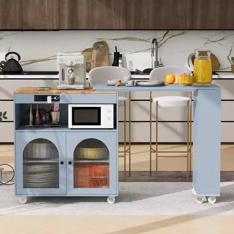 Modern Rolling Kitchen Island with Movable Table, Fluted Glass Doors, LED Light and Power Outlet