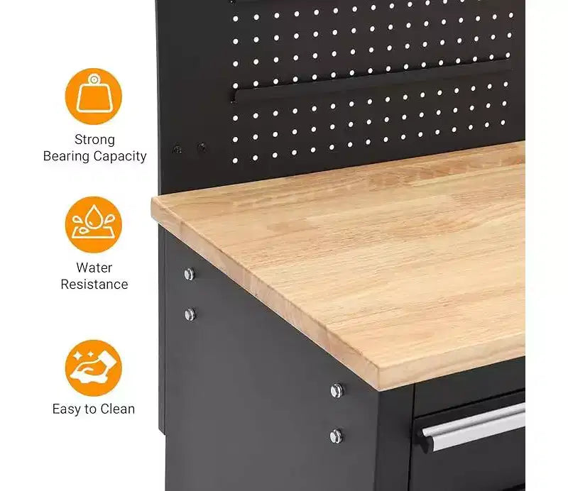 61-Inch 10-Drawer Rolling Tool Chest & Garage Workbench with Power Strip, Solid Rubber Wood Top, 1675 LBS Load Heavy Duty Mobile Workstation Cabinet