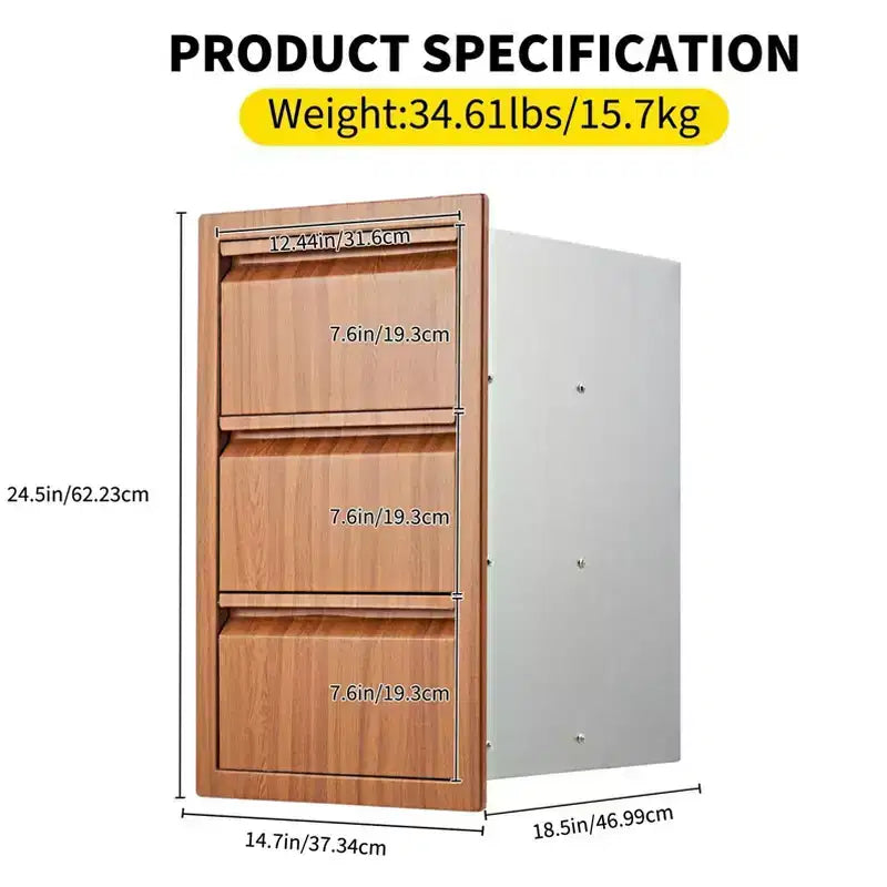 Outdoor Kitchen Drawers 14 W x 24 H x 18 D Flush Mount Triple Blue-Grey Drawers, Stainless Steel Drawer