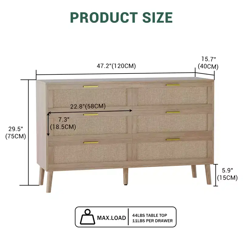 Acekool Rattan Dresser, Farmhouse Chest with Gold Handles, Organizer Storage for Bedroom, Living Room, Oak
