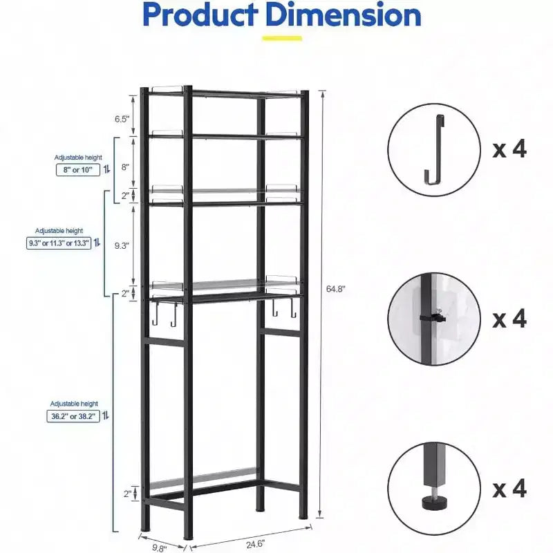 4 Tier Over Toilet Storage Rack Bathroom Organizer Shelves Cabinet Black Adjustable Height Freestanding Space Saver