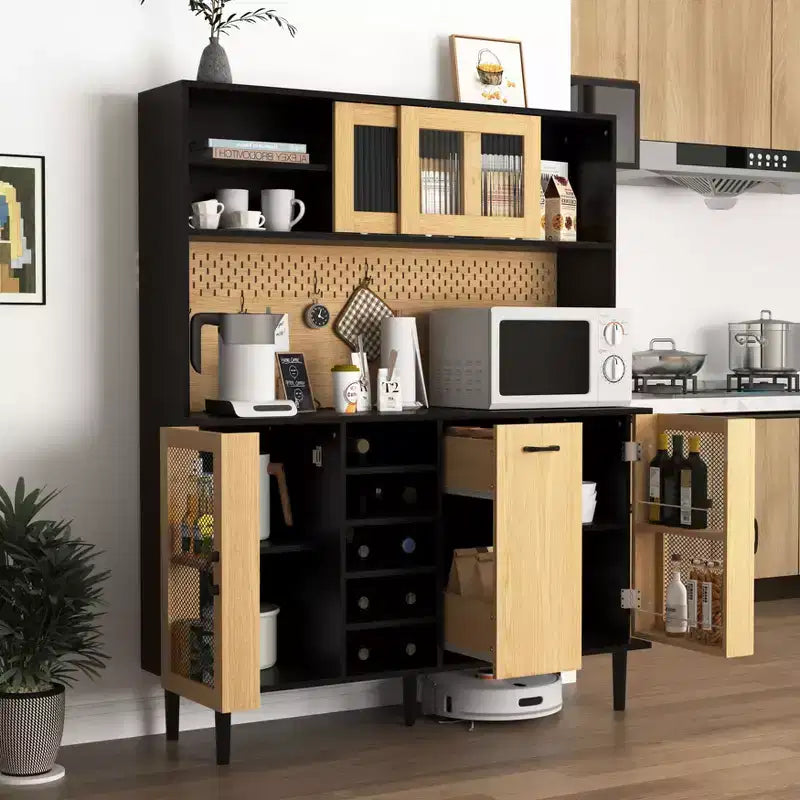 Okak 71H Wooden Kitchen Pantry Cabinet with Glass Doors & Microwave Stand, Buffet Cabinet for Kitchen Dining Room