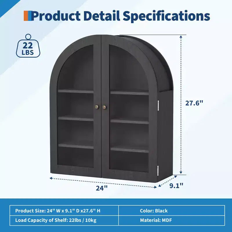 Small Arched Wall Cabinet with Glass Doors, 24 Wall-Mounted Storage Cabinet with Adjustable Shelf, for Kitchen, Bathroom, Laundry Room