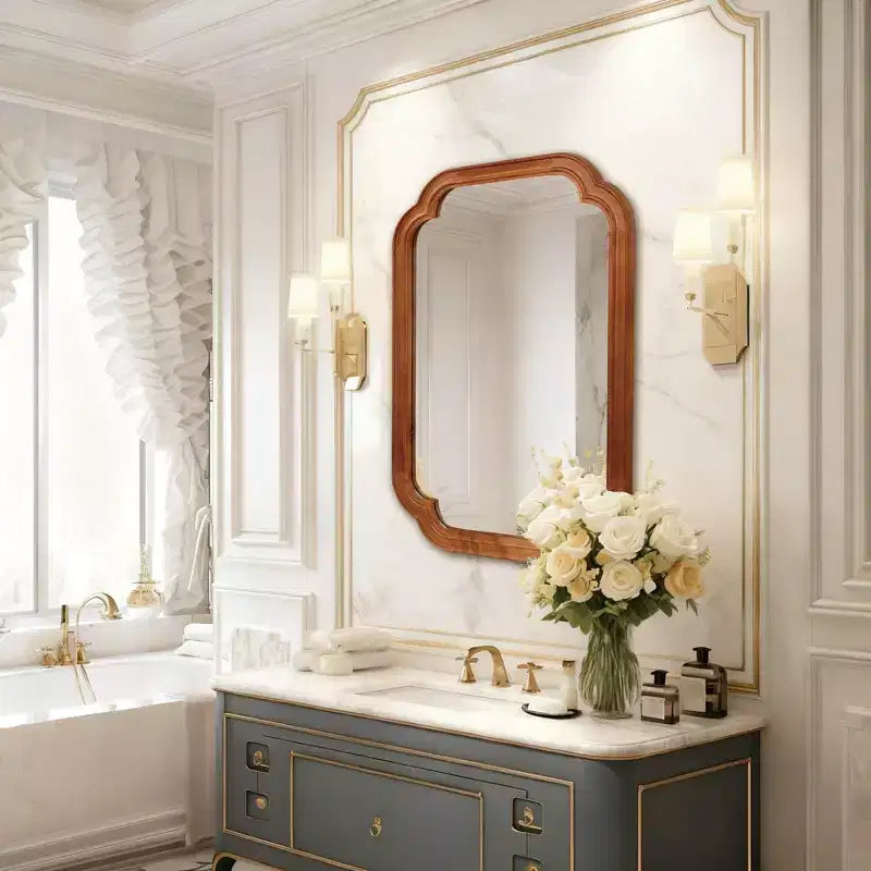 Yellowish Brown Color 20 x 30 Solid Wood Frame Rounded Corner Decorative Mirror, For Bedroom, Bathroom, Living Room, Entryway