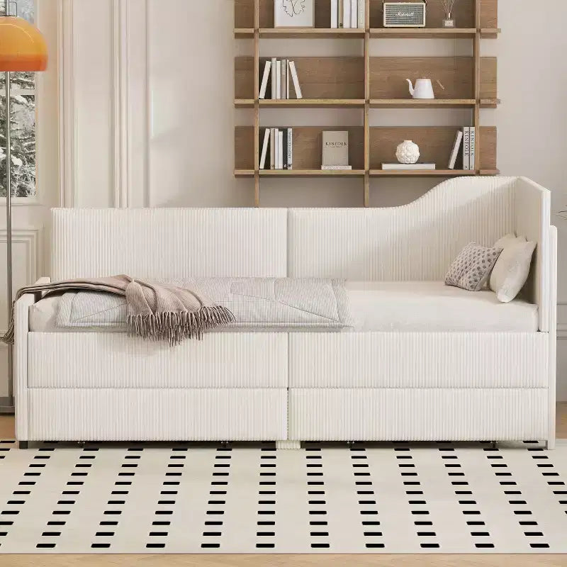 Twin Size L-Shaped Upholstered Daybed with 2 Storage Drawers, Modern Corduroy Wooden Corner Sofa Bed Frame for Bedroom, Guestroom