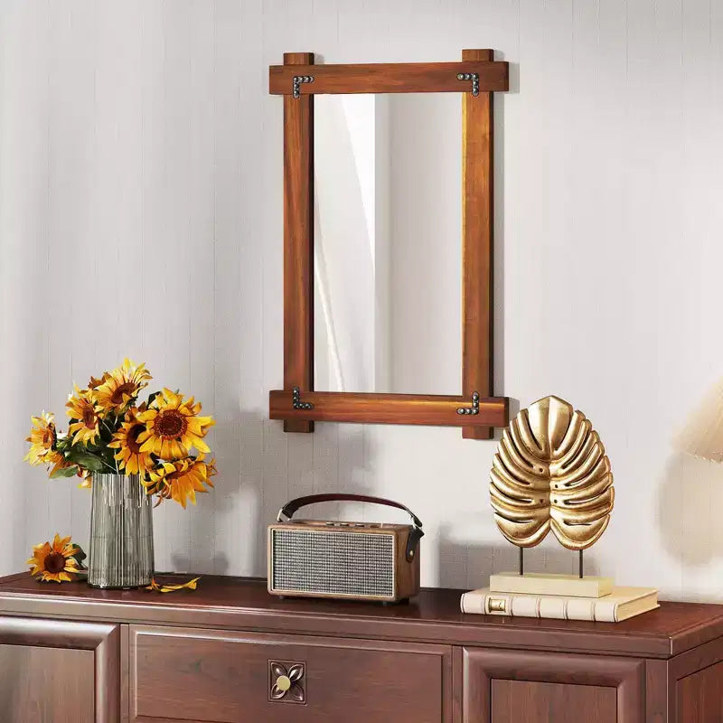 Costway 30 x 20/35 x 24/40 x 28.5 Inch Shatterproof Wall Mirror with Acacia Wood Frame & Vintage Rivet Design