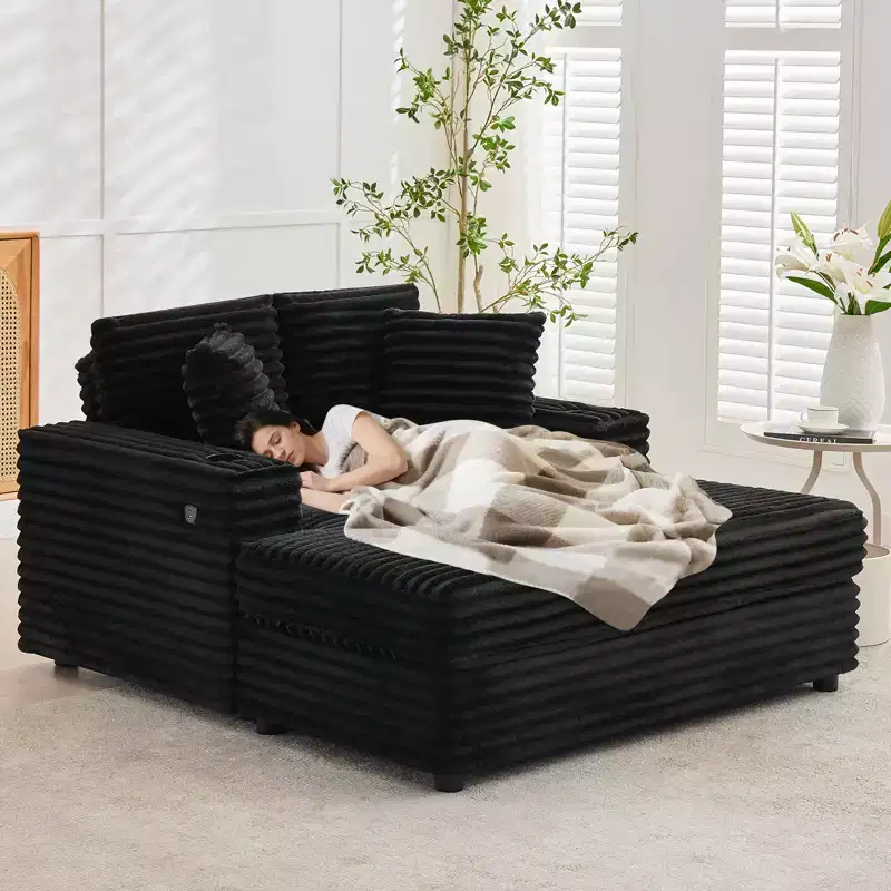 Black/Gray Corduroy Oversized Chaise Lounge Sofa Bed with Charging Station for 3