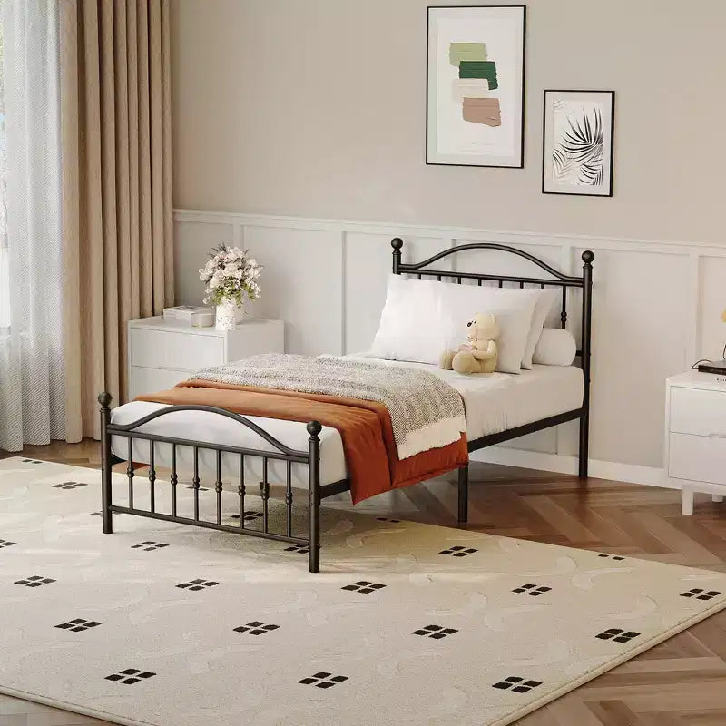 Metal Platform Bed Frame  Vintage Circular Headboard & Footboard, No Box Spring Required, Choose Size, Black