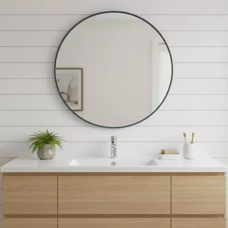 HomeRoots 30 Black Metal Round Framed Bathroom Vanity Mirror