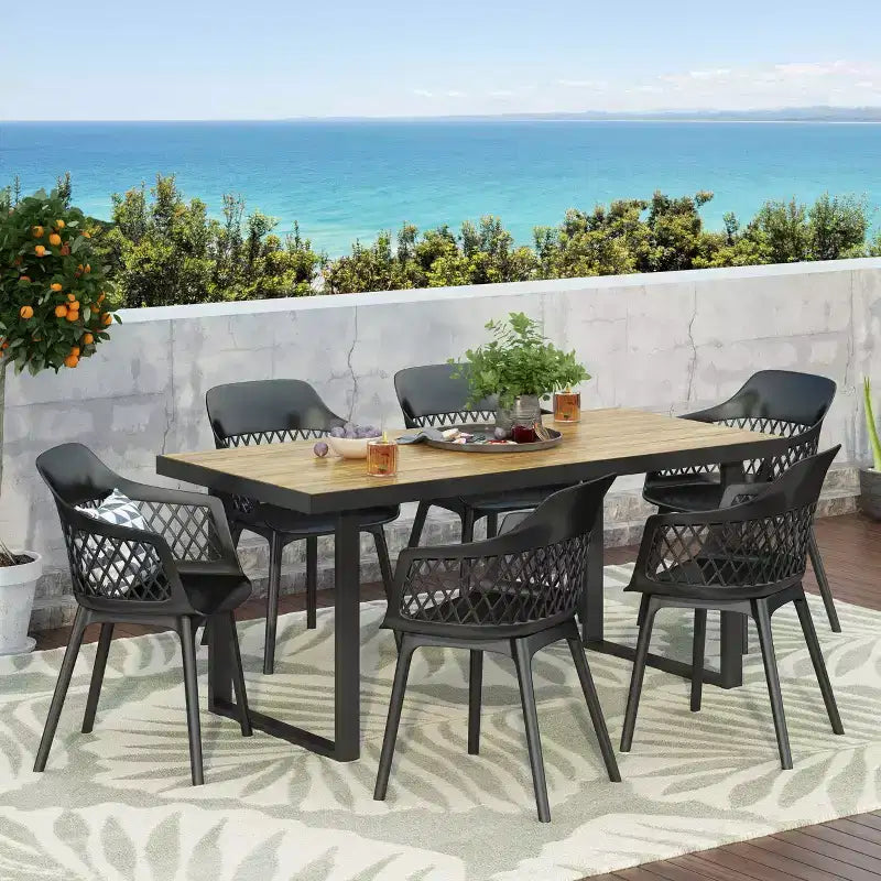 Christopher Knight Home Trinity Outdoor 7 Piece Polypropylene Resin and Acacia Wood Dining Set with 70 Table, Black and Teak