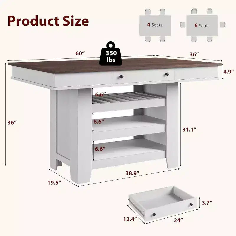 Acekool Counter Height Dining Table, 36 Tall, Farmhouse Rectangular Table with Storage, Wine Rack, Drawers, Easy Assembly,