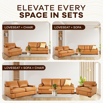 Home Imports Emporium Genuine Leather Living Room Set  Sofa Sets with Goose Feather Cushions and Mid-Century Modern Design