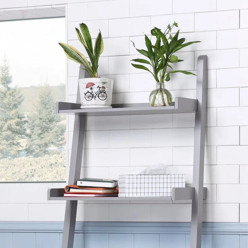 5-Tier Leaning Ladder Shelf Bookcase with Solid Wood Legs