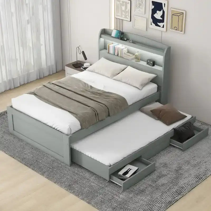 Twin XL Platform Bed | LED Headboard | Charging Station | Trundle & 2 Drawers | Gray Pine