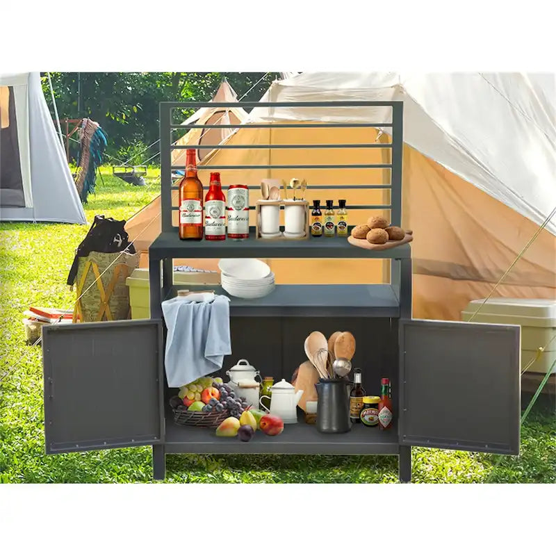 Grey Aluminum Outdoor Kitchen Island with Cabinet Shelves and Food-Safe Countertop
