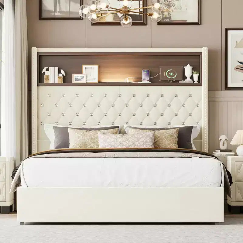 Polibi Velvet Bed Frame with Tufted Headboard, Shelf Storage, USB Ports & LED Light