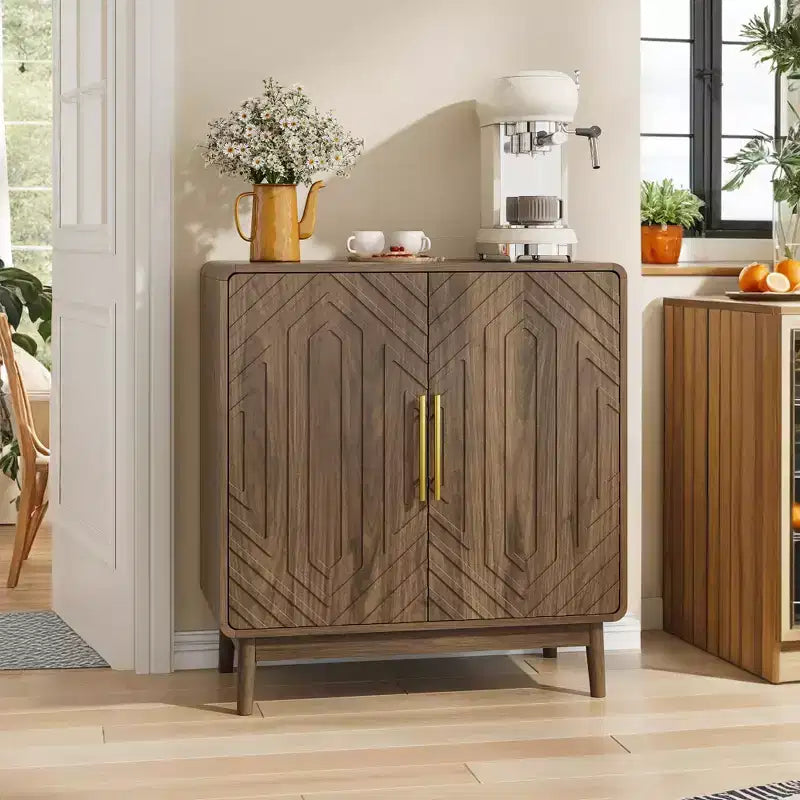 JVNOXK Carved Double-Door Adjustable Shelf Storage Sideboard with Decorative Cabinet Suitable for Living Rooms and Entryways Walnut Finish
