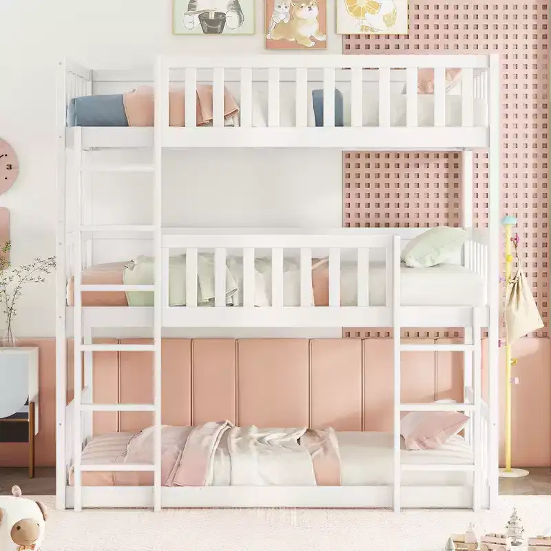 MAYEERTY Twin Size Triple Rubber Wood Bunk Bed with Ladders Guardrails Detachable Bunk Bed for Bedroom White