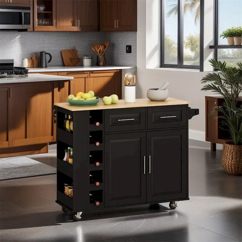 Rolling Kitchen Island Cart with 2 Drawers 2-Door Cabinet 5-Tier Wine Rack and Spice Rack