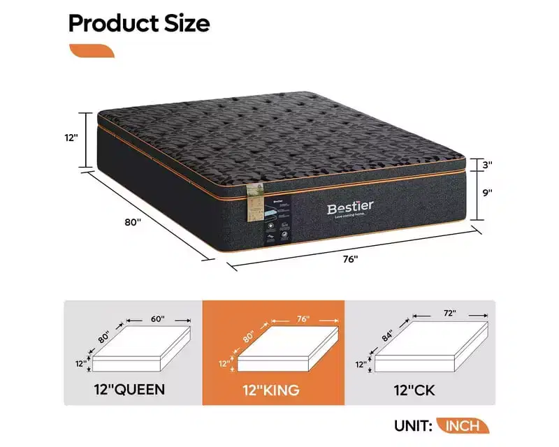Bestier 14 Cooling Gel Memory Foam Black Mattress in a Box, Organic Wool Mattress, Lumbar Support Spring for Superior Comfort, CertiPUR-US