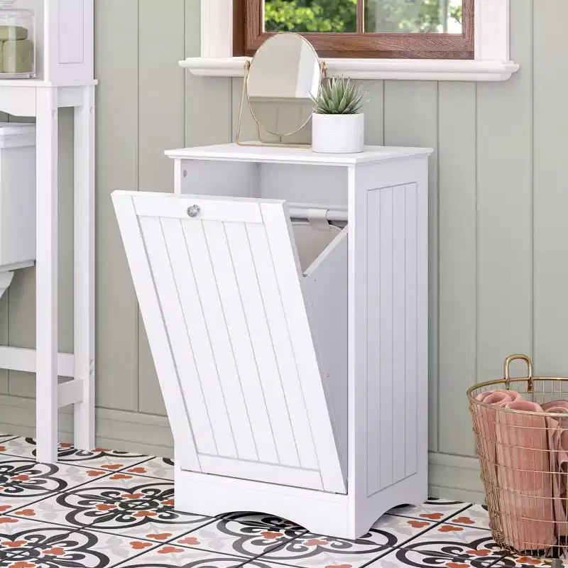 Tilt Out Laundry Hamper Cabinet with Removable Cloth Storage Bag White