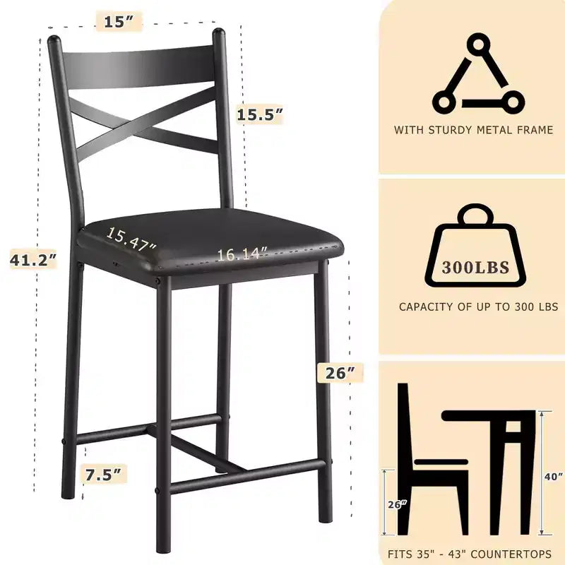 Set of 4 Counter Height Bar Stools 26 Black PU Leather Upholstered Seats, Metal Frame, X-Back Design, Footrest for Kitchen Island, Dining Room