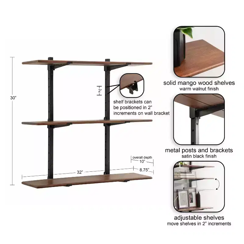 Kate and Laurel Atwood Wall Shelf, Black and Walnut Brown, 32x10x30