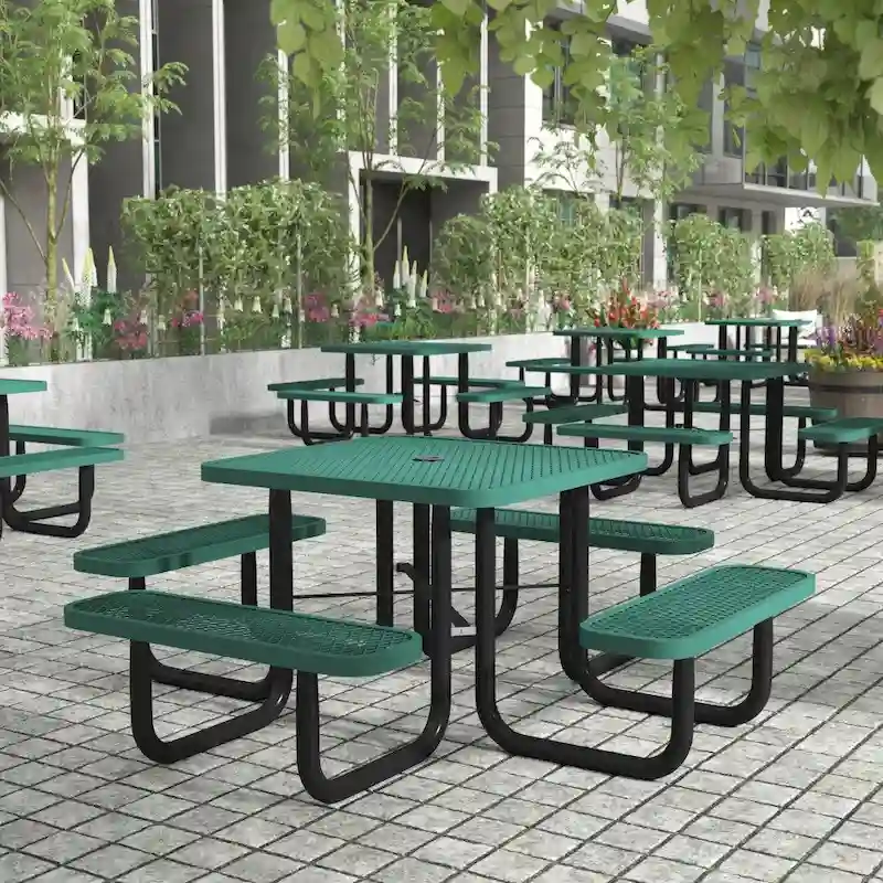 Commercial Grade Expanded Mesh Metal Outdoor Picnic Table with Anchors - 79.75D x 79.75W x 28.75H
