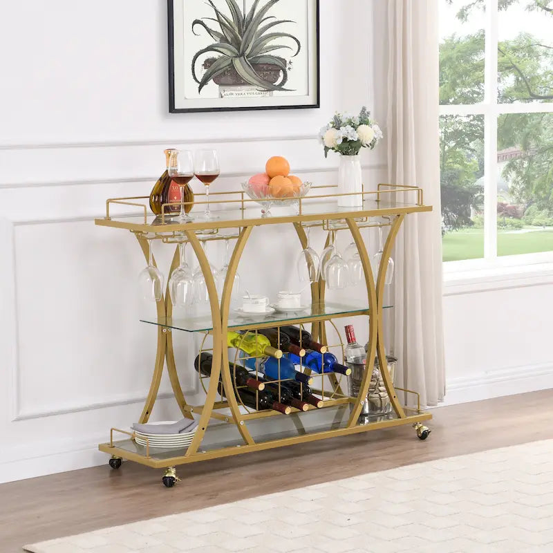 3-Tier Tempered Glass Rolling Bar Cart with Wine Rack and 16 Glass Holder